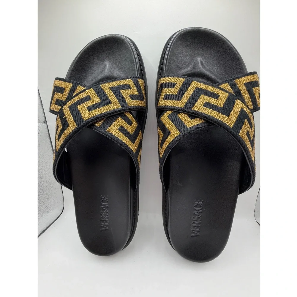 Versace Mens Greca Cross Strap Slides Black Gold Metallic Sandals Size 43 Spain